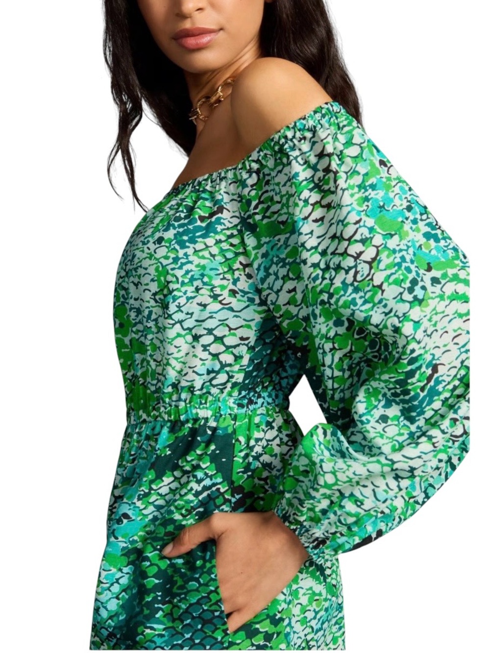 Plenty by Tracy Reese Plenty Peasant Romper. Green Python Colorway. Size XS